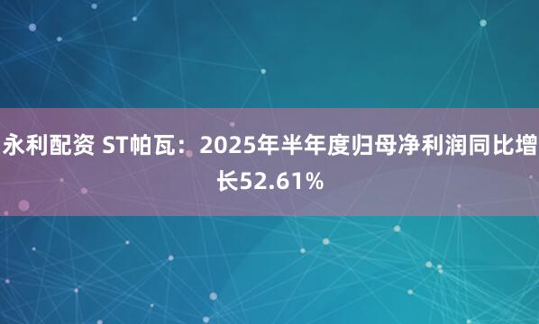 永利配资 ST帕瓦：2025年半年度归母净利润同比增长52.61%